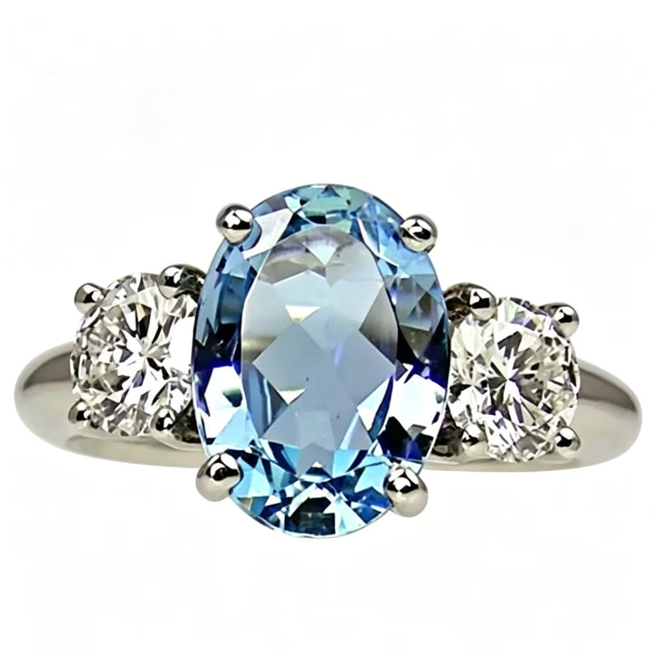 Oval Aquamarine Gemstone Ring with Brilliant Side Diamonds, Elegant Engagement Statement Ring