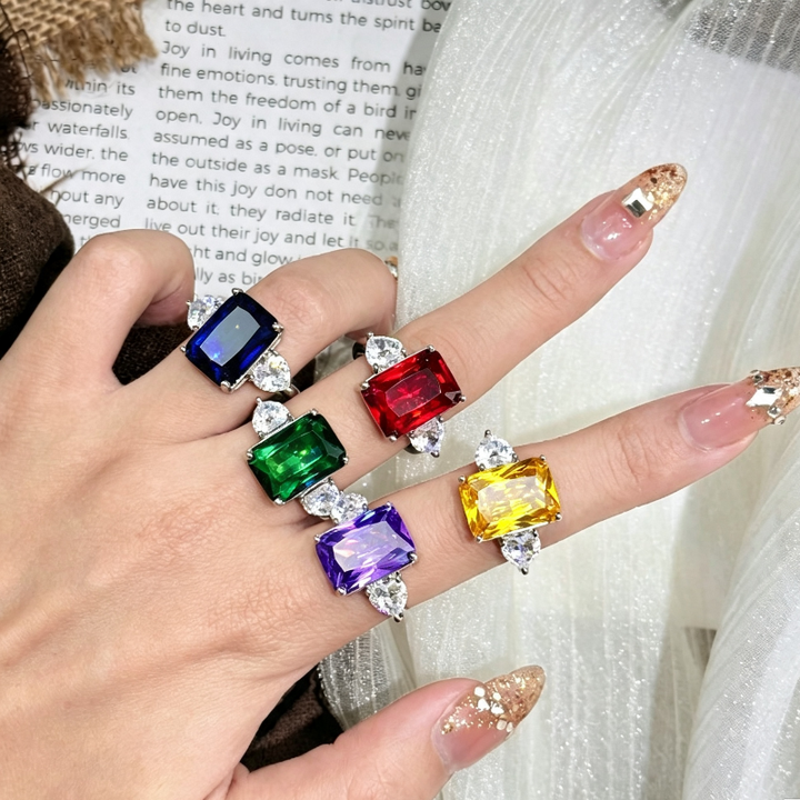 6 Colors Radiant Cut Multicolor Gemstone Open Adjustable Ring, Tone Pear Accent Gem Statement Jewelry