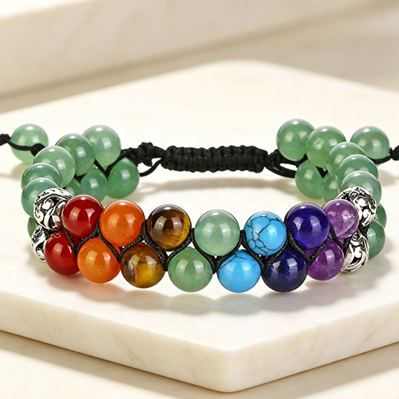 7 Chakra Double Layer Adjustable Braided Bracelet, Bohemian Raw Stone Bracelet Stackable Women Men Jewelry
