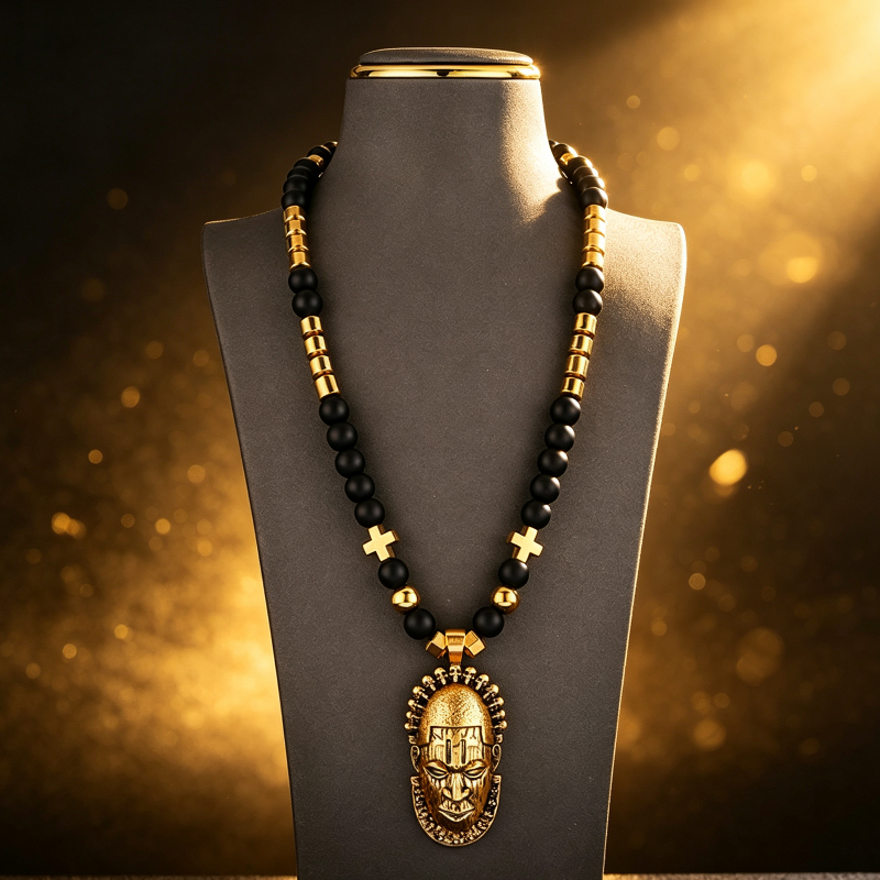 Black Onyx Gold Mask Necklace, Pendant Beaded Stackable Sweater Chain Jewelry