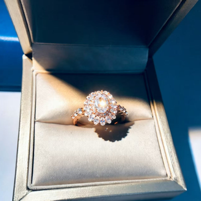 Oval‑Cut Double Halo Diamond Engagement Ring, Rose Gold Tone Women’s Statement Ring
