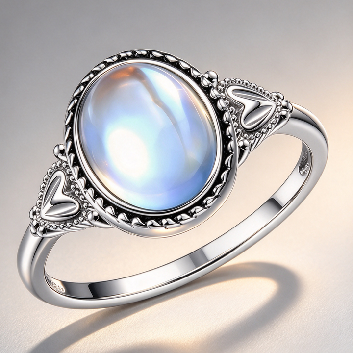 Vintage Oval Cabochon Stone Ring, Retro Pattern Statement Ring for Women, Boho Elegant Jewelry