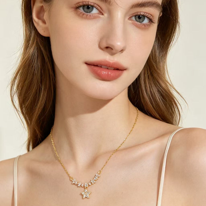 Dainty Starry Sky Pave Diamond Drop Choker, Minimalist Twinkling Star Collarbone Necklace For Women
