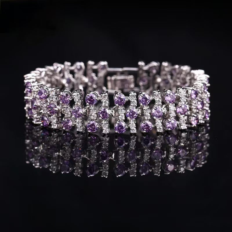 6-Tone Multi-Row Round Cut Diamond Tennis Bracelet Collection, Luxury Wide Link Evening Jewelry
