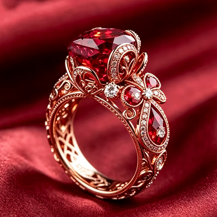 Vintage Ruby Gemstone Ring, Ornate Filigree Carved Statement Ring, Luxury Jewelry for Women