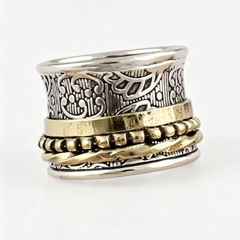 Two‑Tone Vintage Engraved Spinner Wide Band Ring, Boho Textured Rotating Fidget Statement Ring