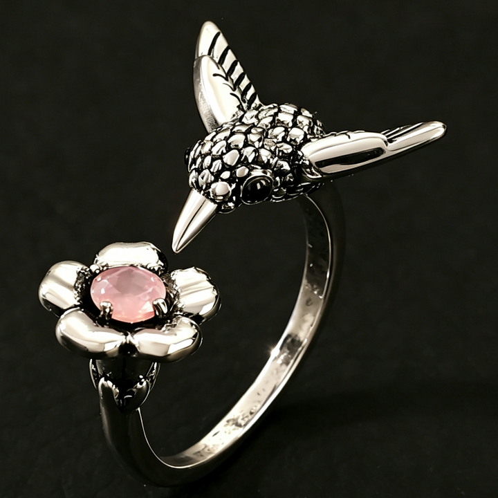 Vintage Nature Inspired Hummingbird &amp; Butterfly Flower Ring, Artistic Open Statement Rings for Women