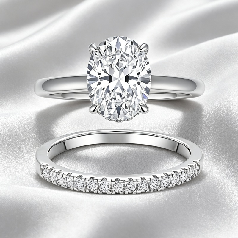Oval 4-Prong Solitaire Engagement Ring, Pave V-Shaped Wedding Band Bridal Matching Stack Jewelry