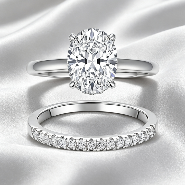 Oval 4-Prong Solitaire Engagement Ring, Pave V-Shaped Wedding Band Bridal Matching Stack Jewelry