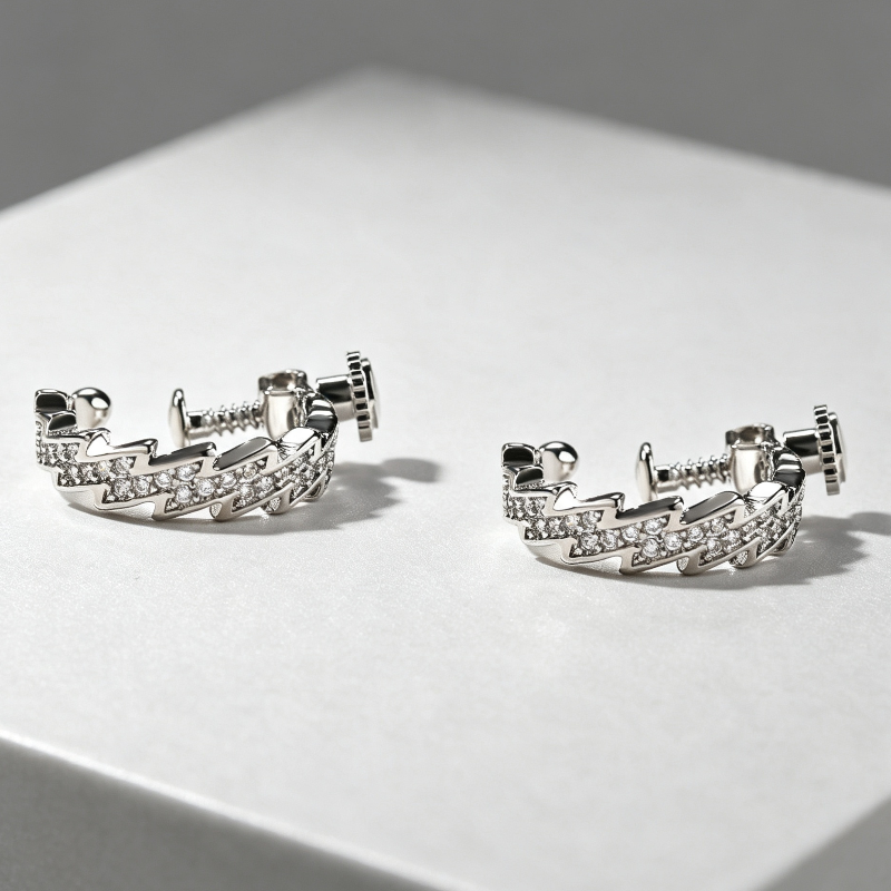 Lightning‑Shaped Pave Diamond Screw‑Back Non‑Piercing Ear Cuffs, Unisex Rock‑Style Adjustable Ear Clips