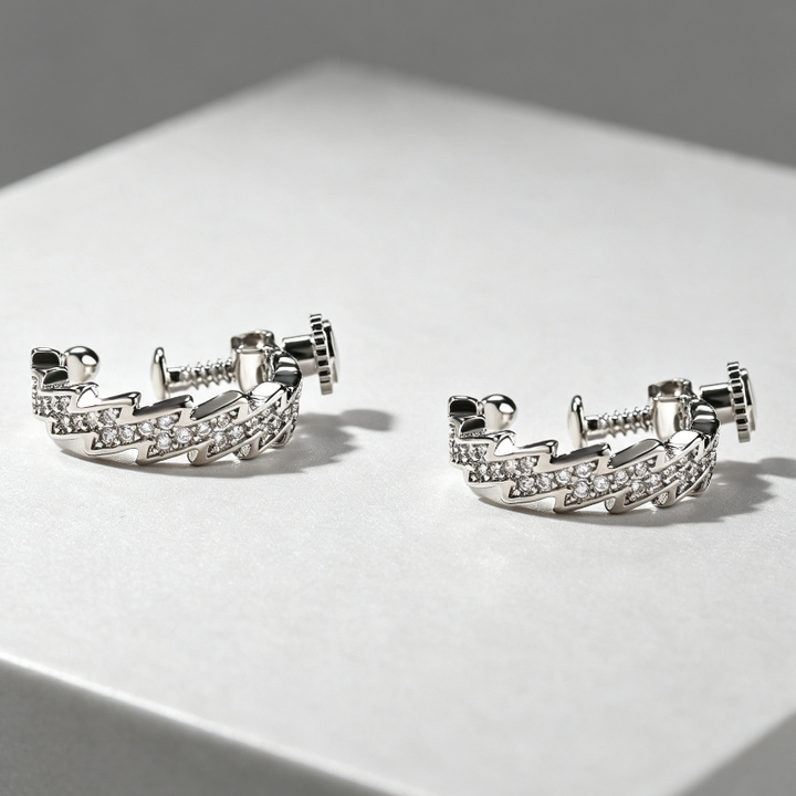 Lightning‑Shaped Pave Diamond Screw‑Back Non‑Piercing Ear Cuffs, Unisex Rock‑Style Adjustable Ear Clips