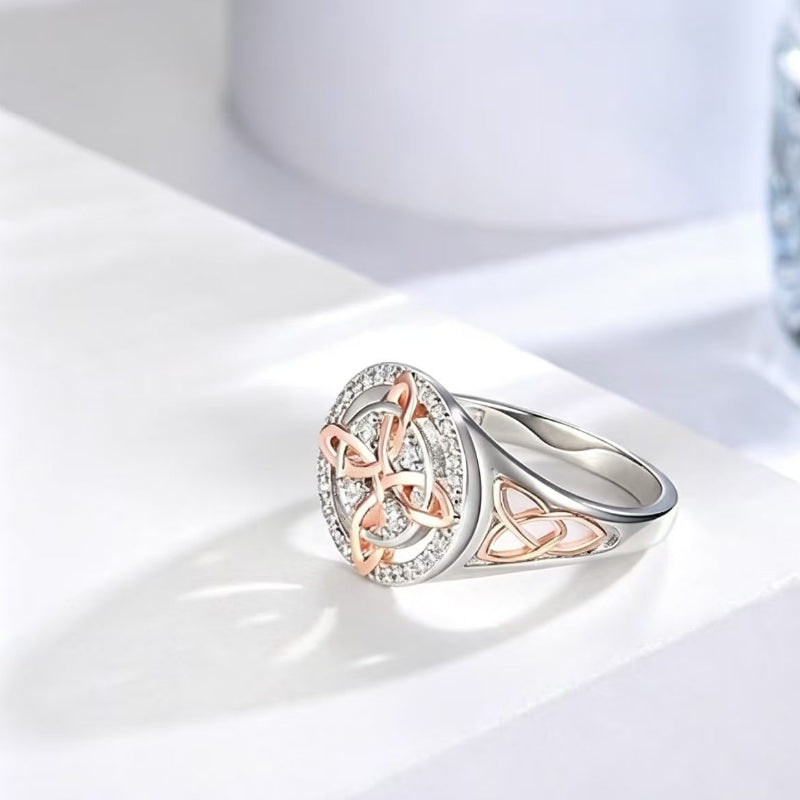 Two‑Tone Celtic Knot Halo Gem Statement Ring, Rose Gold & Silver Hollow Openwork Ring