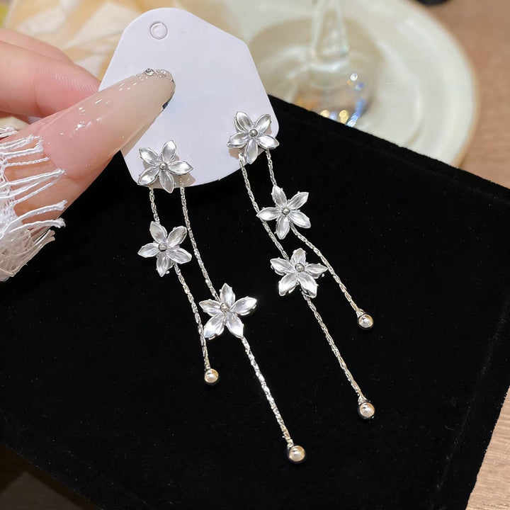 Three-Flower Diamond Long Tassel Drop Earrings, Elegant Slimming Face Chain Dangle Earrings for Women