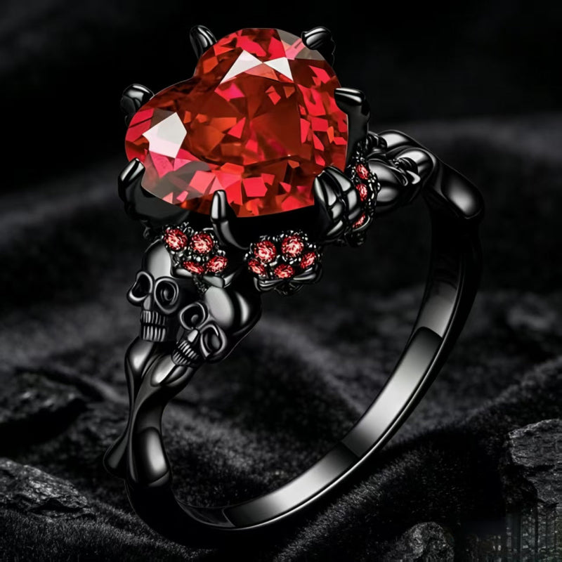 Gothic Skull Claw Heart Gem Ring, 3 Color Red Black Purple Heart Stone Dark Punk Halloween Statement Ring