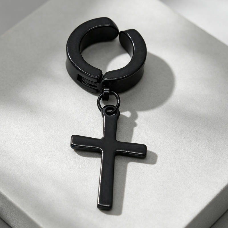 Non‑Piercing Cross Dangle Huggie Ear Clips, Punk Drop Cross Charm Hoop Ear Cuff for Men & Women