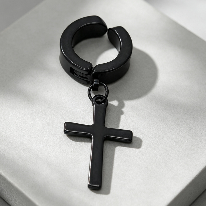 Non‑Piercing Cross Dangle Huggie Ear Clips, Punk Drop Cross Charm Hoop Ear Cuff for Men & Women