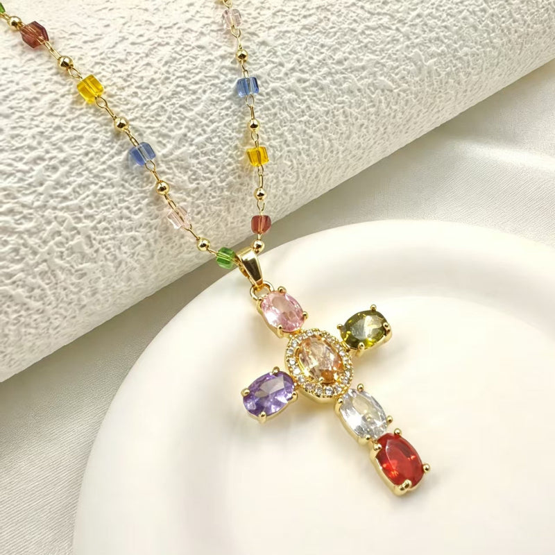 Colorful Multi‑Gem & Diamond Cross Pendant Necklace, Vibrant Rainbow Beaded Chain Statement Necklace