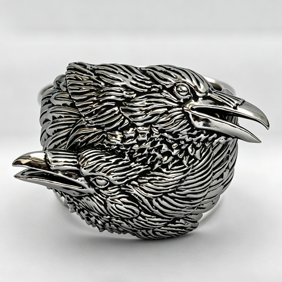 Dual Raven Head Statement Ring, Vintage Gothic Bird Sculpture Ring, Adjustable Open Band Jewelry for Men