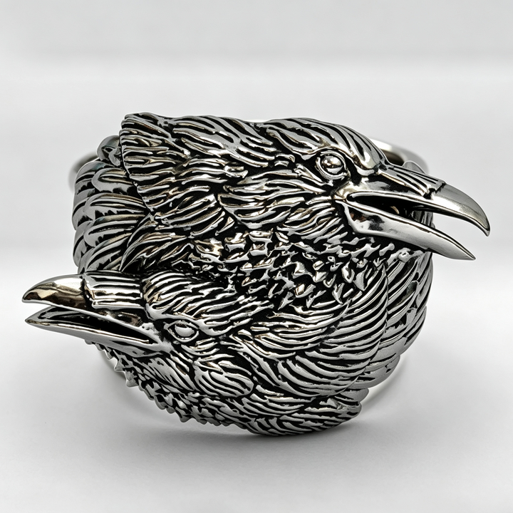 Dual Raven Head Statement Ring, Vintage Gothic Bird Sculpture Ring, Adjustable Open Band Jewelry for Men