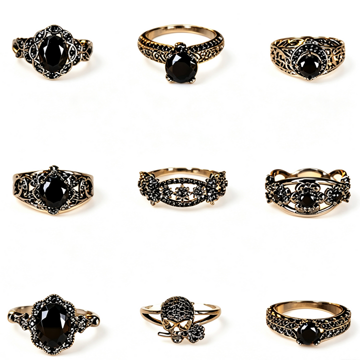 Vintage Black Gemstone Halloween Ring Set, Great for Birthday, Halloween Gift &amp; Daily Wear