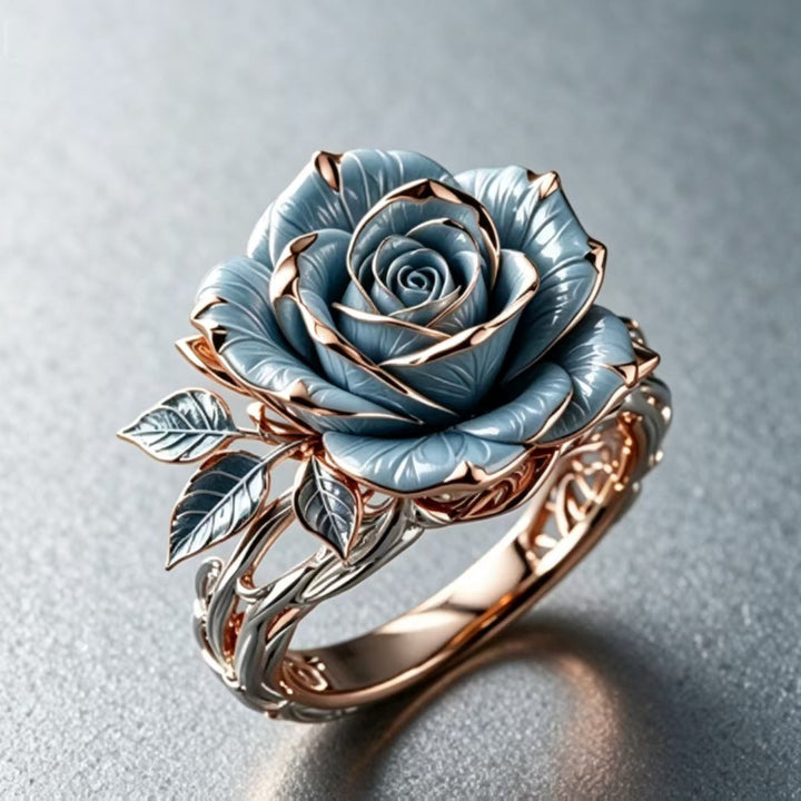 3D Sculpted Blue Rose Statement Ring, Enamel Floral Open Filigree Floral Wide Band Ring