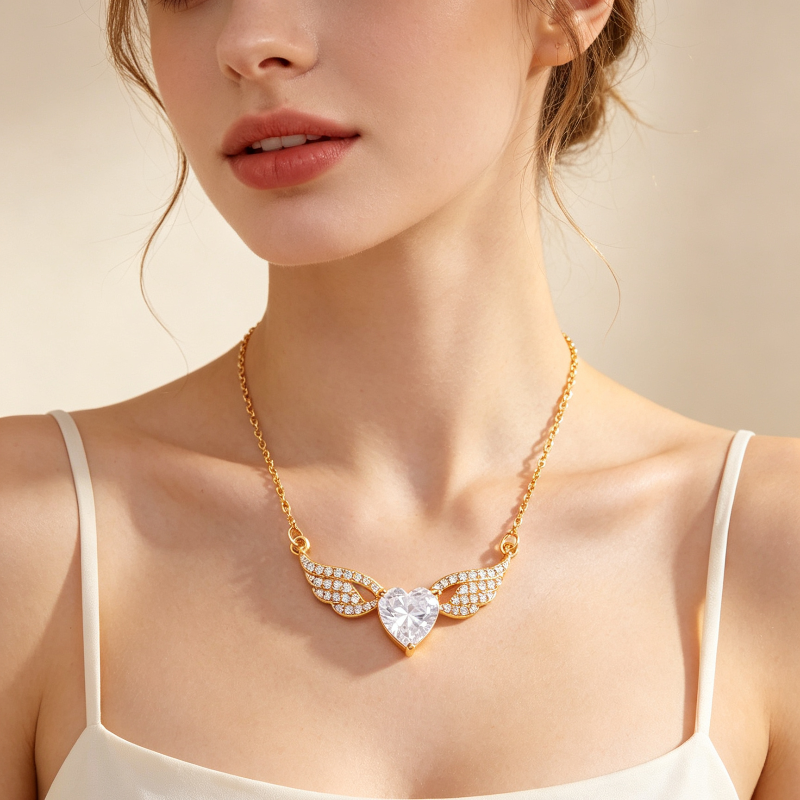 Angel Wings Heart Diamond & Gemstone Pendant Necklaces, Variants Women's Daily Fine Jewelry