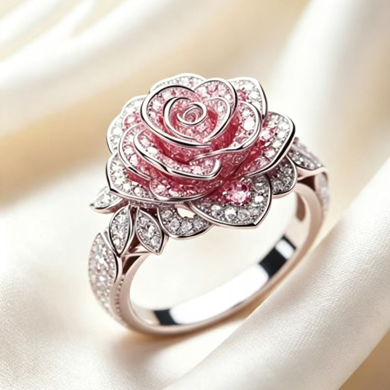 3D Rose‑Shape Pavé Diamond Ring, Rose Gold Tone Women’s Statement Ring