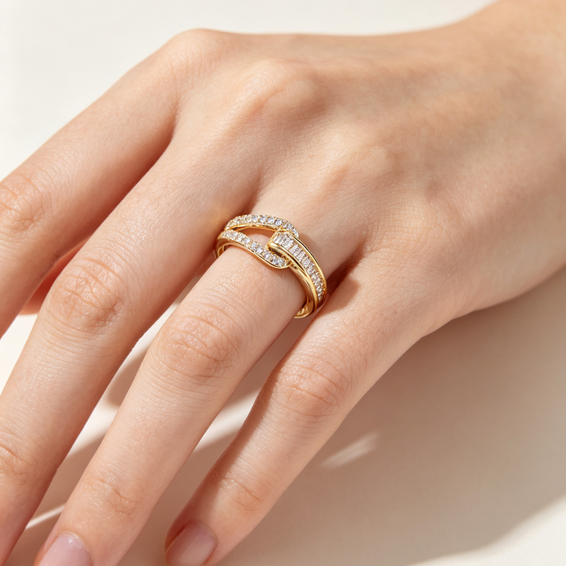 Twist Interlocked Diamond Open Ring, Adjustable 18K Gold Stackable Statement Band