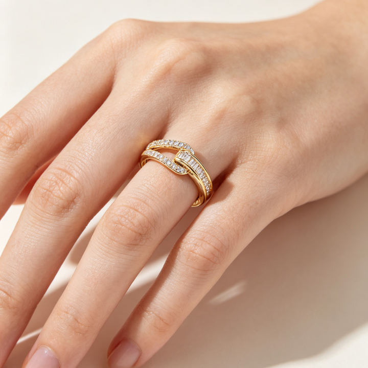 Twist Interlocked Diamond Open Ring, Adjustable 18K Gold Stackable Statement Band