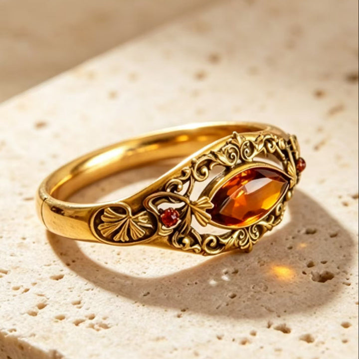 Vintage Ornate Open‑Work Gold Ring with Marquise‑Cut Amber Diamond Accents