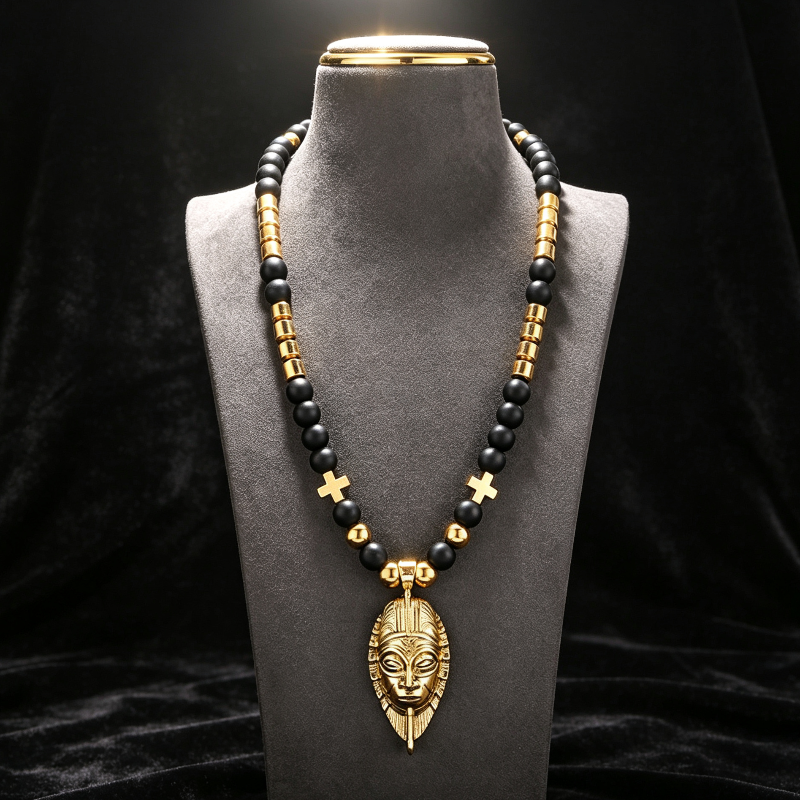 Black Onyx Gold Mask Necklace, Pendant Beaded Stackable Sweater Chain Jewelry