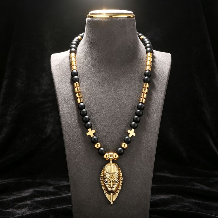 Black Onyx Gold Mask Necklace, Pendant Beaded Stackable Sweater Chain Jewelry