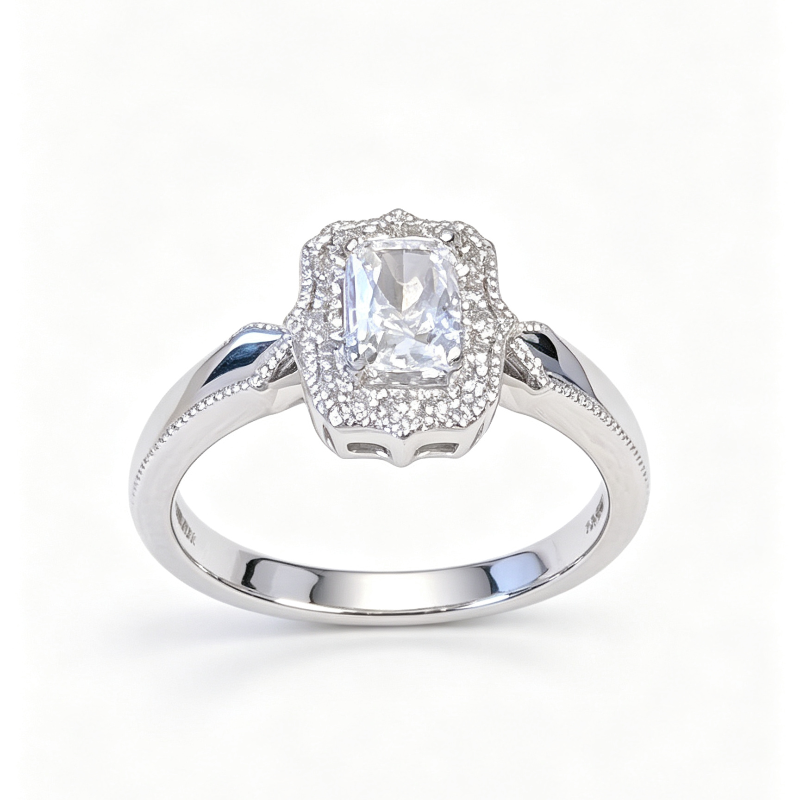 Adjustable Open Design Emerald Cut Silver Promise Ring Set, Minimal Vintage Accent Diamond Bridal Jewelry