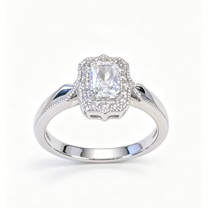 Adjustable Open Design Emerald Cut Silver Promise Ring Set, Minimal Vintage Accent Diamond Bridal Jewelry
