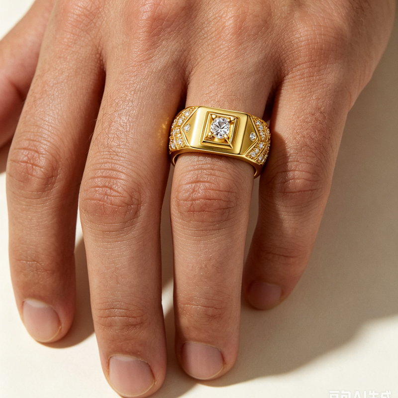 Geometric Square Center Diamond Men’s Adjustable Ring, Wide Band Statement Ring