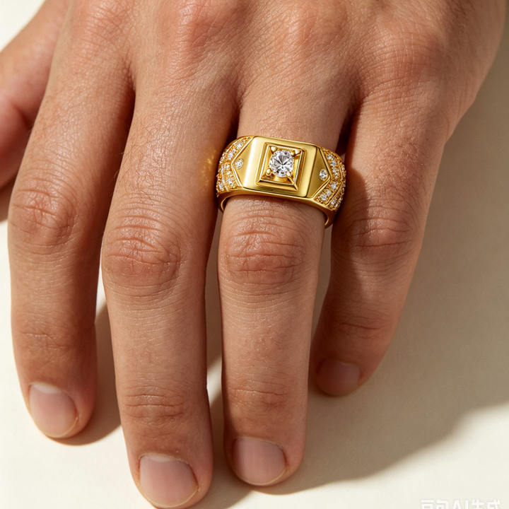 Geometric Square Center Diamond Men’s Adjustable Ring, Wide Band Statement Ring