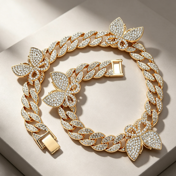 Sparkling Diamond Cuban Necklace, Sweet and Cool Butterfly Jewelry, Bip-Hop Cuban Necklace