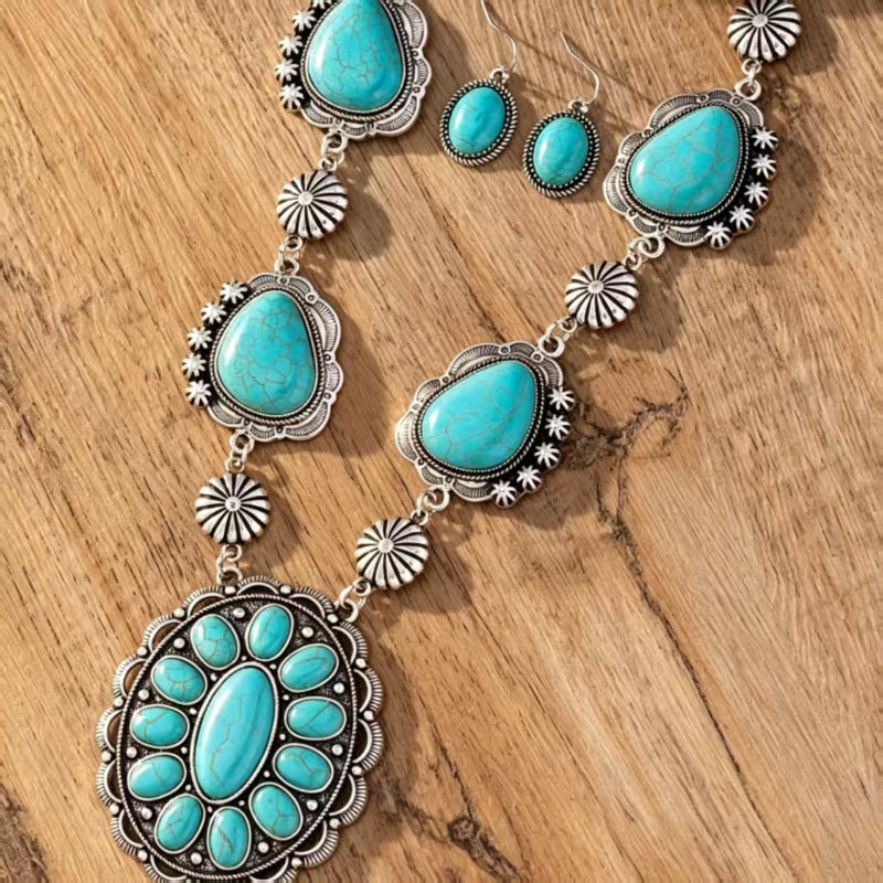 Western Vintage Turquoise Gemstone Jewelry Set, Antique Silver Floral Carved Necklace & Drop Earrings Boho