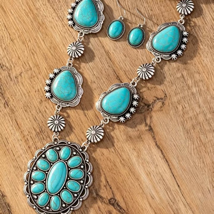 Western Vintage Turquoise Gemstone Jewelry Set, Antique Silver Floral Carved Necklace & Drop Earrings Boho