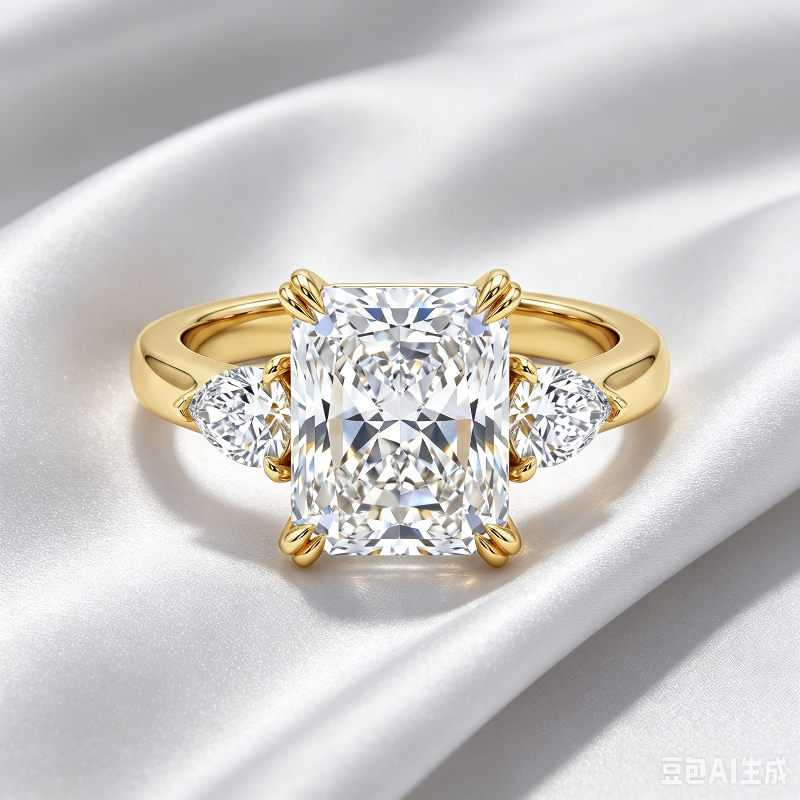 Radiant Cut Three Stone Diamond Engagement Ring, Pear Side Stone Luxury Bridal Promise Ring
