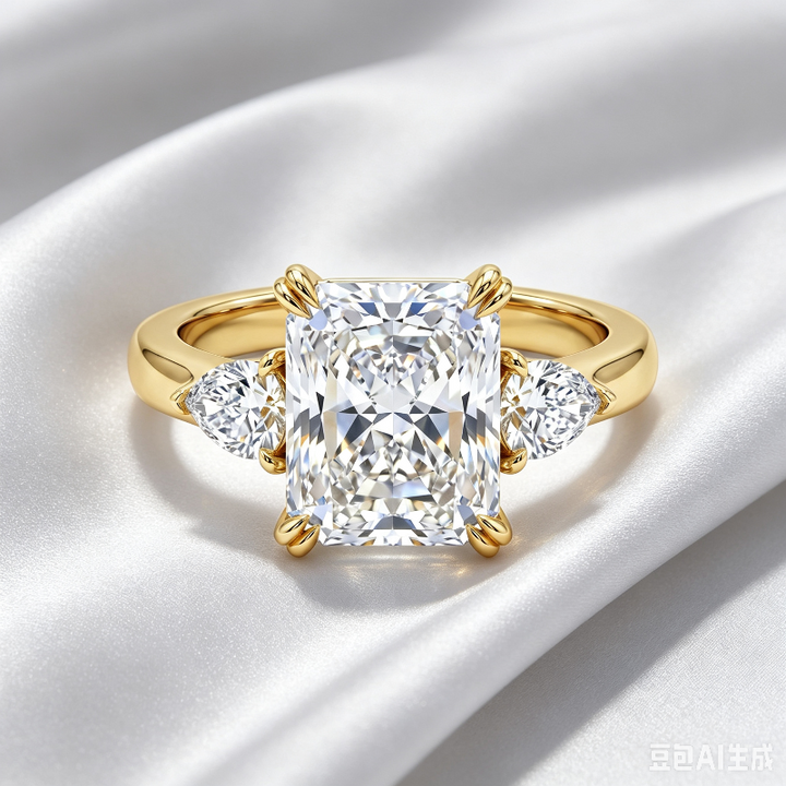 Radiant Cut Three Stone Diamond Engagement Ring, Pear Side Stone Luxury Bridal Promise Ring