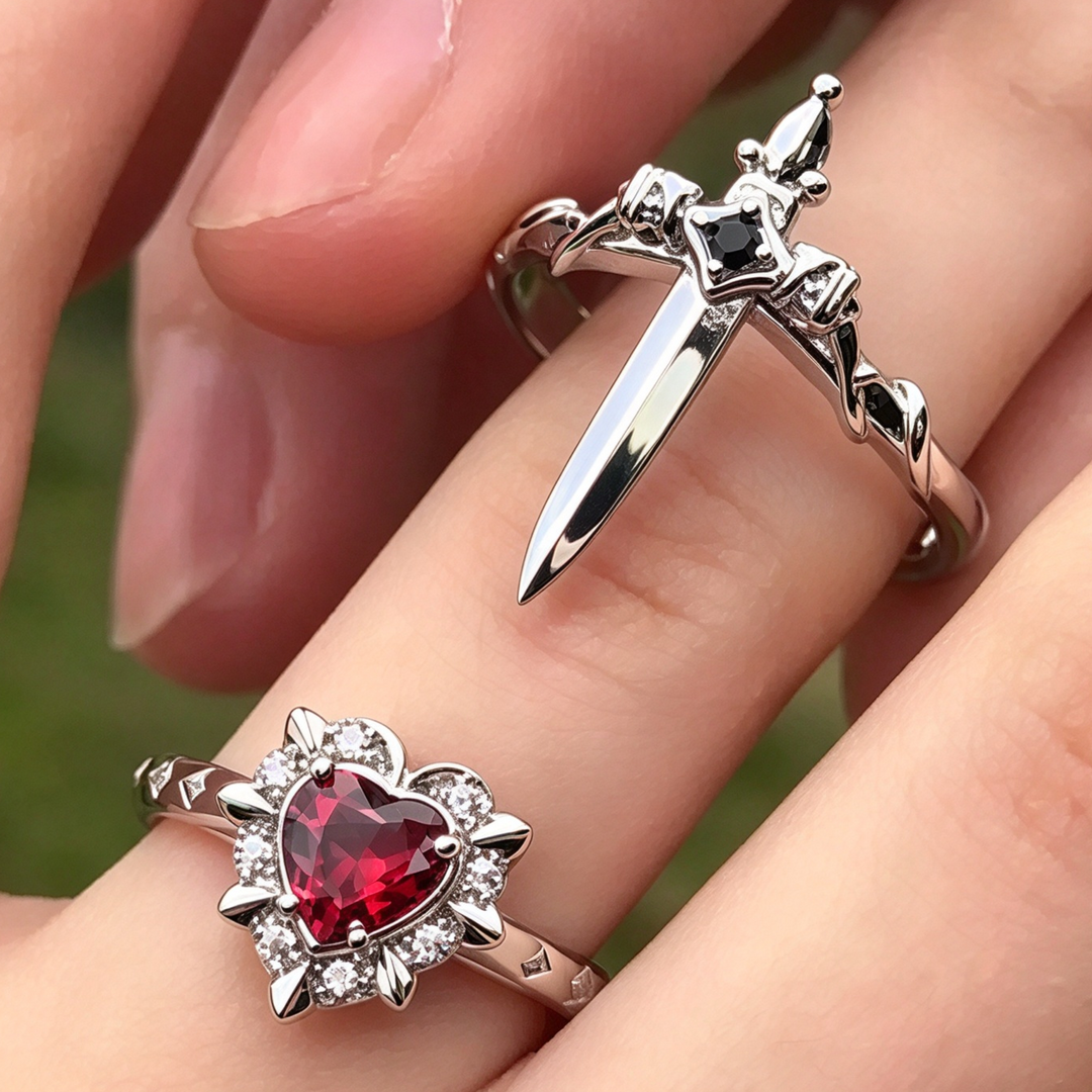 Gothic Heart Gem 2-in-1 Open Ring, Sword Design Twisted Band Rings, Dark Romantic Rings for Couple