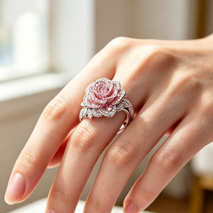3D Rose‑Shape Pavé Diamond Ring, Rose Gold Tone Women’s Statement Ring