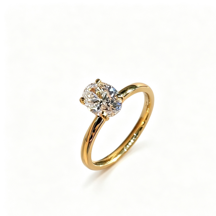 4-Prong Oval Cut Stone Solitaire Ring, 18K Gold Silver Minimal Slim Band Engagement Ring