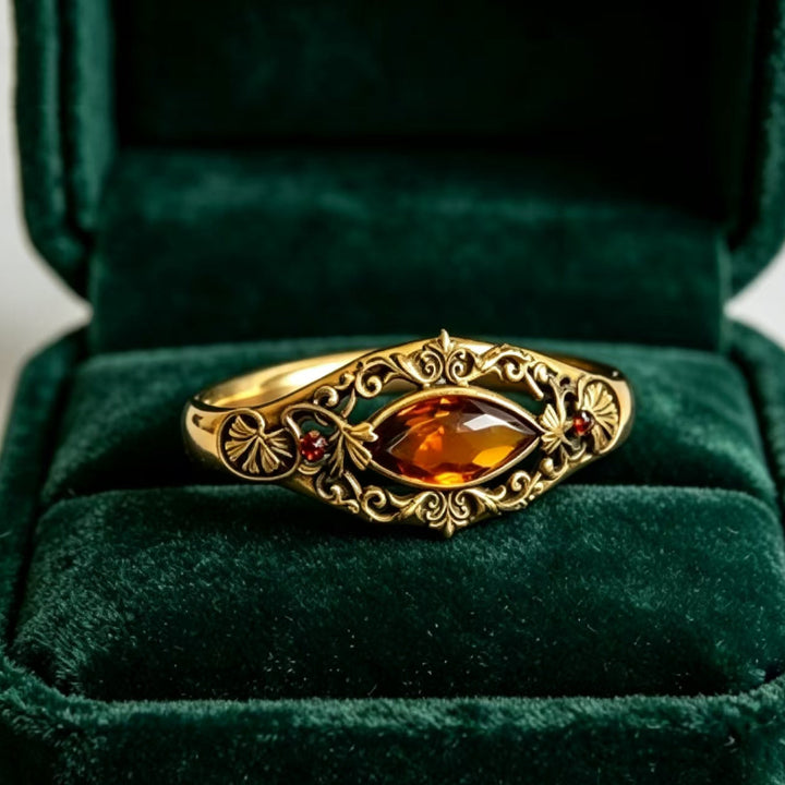 Vintage Ornate Open‑Work Gold Ring with Marquise‑Cut Amber Diamond Accents