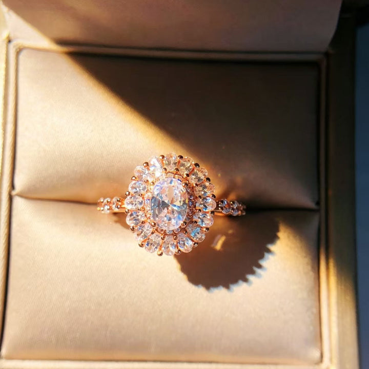 Oval‑Cut Double Halo Diamond Engagement Ring, Rose Gold Tone Women’s Statement Ring