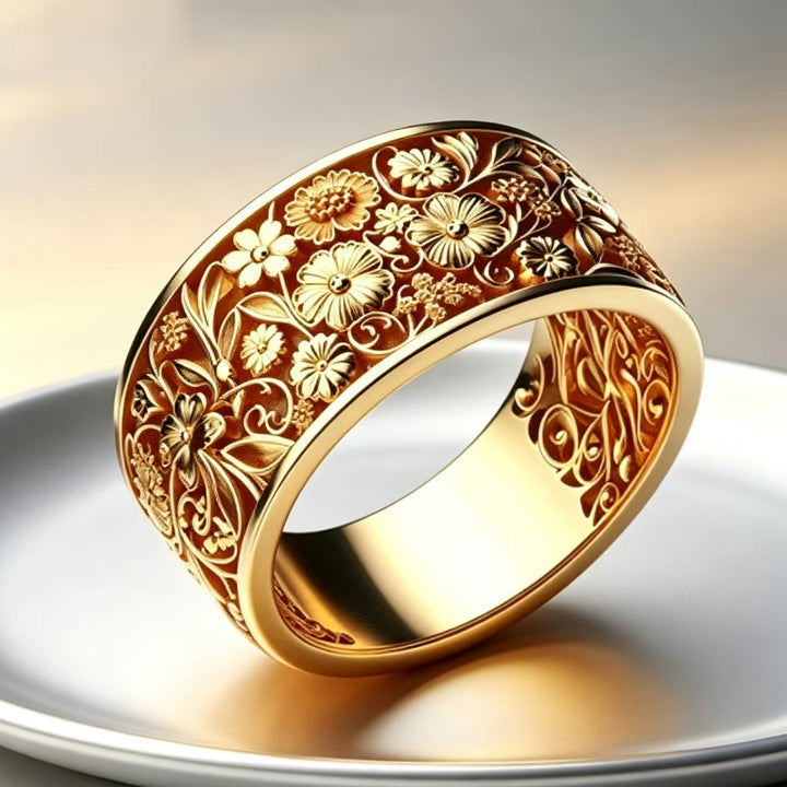 Vintage Carved Floral Wide Band Ring, Intricate Engraved Flower Ornament Statement Ring