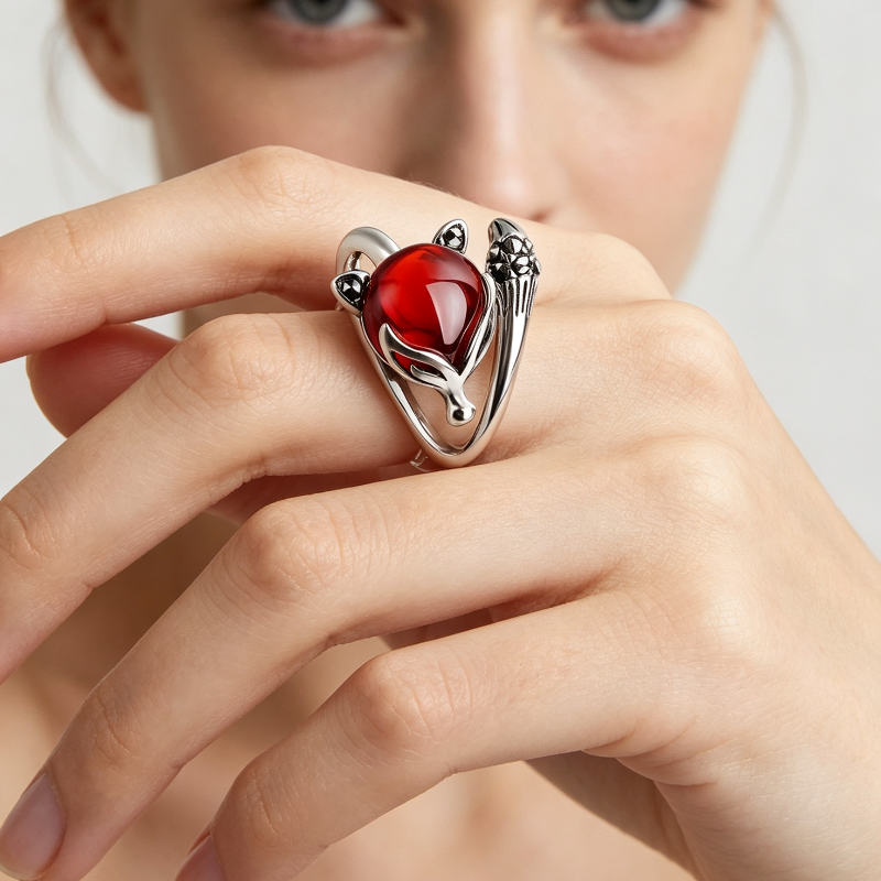 Vintage Red Gem Fox Statement Ring, Antique Silver Animal Spirit Adjustable Opening Band