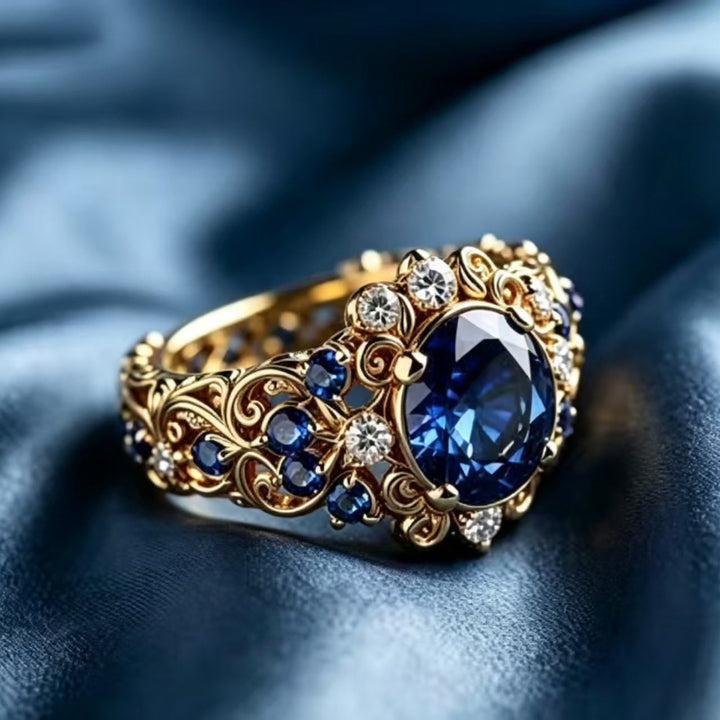 Ornate Royal‑Blue Gem & Diamond Statement Ring, Luxury Floral Pattern Ring with Exquisite Sapphire Inlay