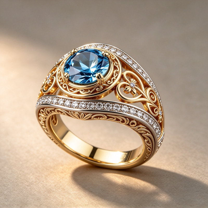 Vintage Filigree Round Gemstone Ring, Two-tone Ornate Statement Ring for Women